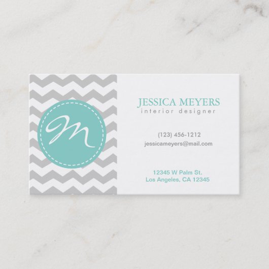 Elegant grijs en witte Chevron met monogram Visitekaartje (Voorkant)