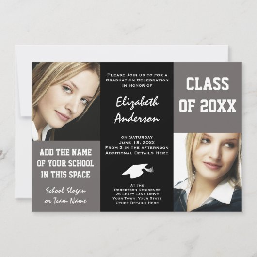 Elegant grijs en zwart jong vrouw Afstuderen Kaart (Voorkant)
