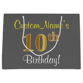 Elegant, grijs, Faux Gold 10th Birthday + naam Large Cadeautasje