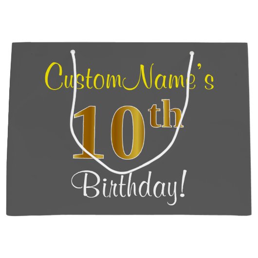 Elegant, grijs, Faux Gold 10th Birthday + naam Large Cadeautasje (Voorkant)