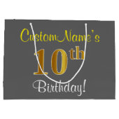 Elegant, grijs, Faux Gold 10th Birthday + naam Large Cadeautasje (Achterkant)