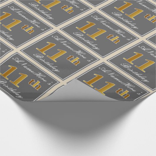 Elegant, grijs, Faux Gold 11e verjaardag + naam Cadeaupapier (Hoek)