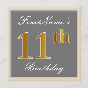 Elegant, grijs, Faux Gold 11e verjaardag + naam Kaart