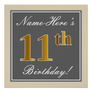 Elegant, grijs, Faux Gold 11e verjaardag + naam Poster