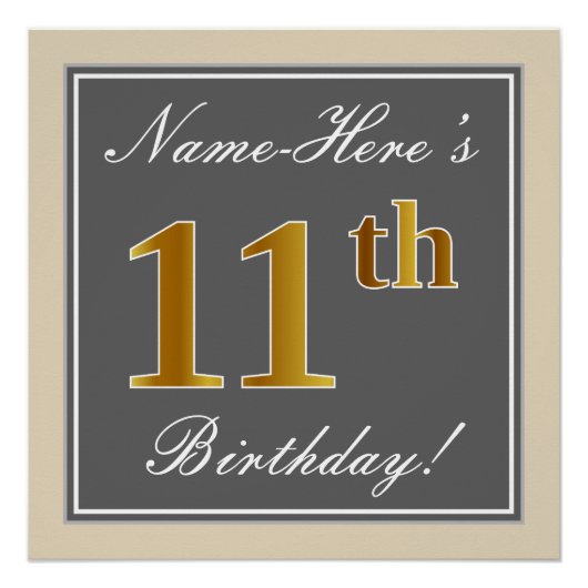 Elegant, grijs, Faux Gold 11e verjaardag + naam Poster (Voorkant)