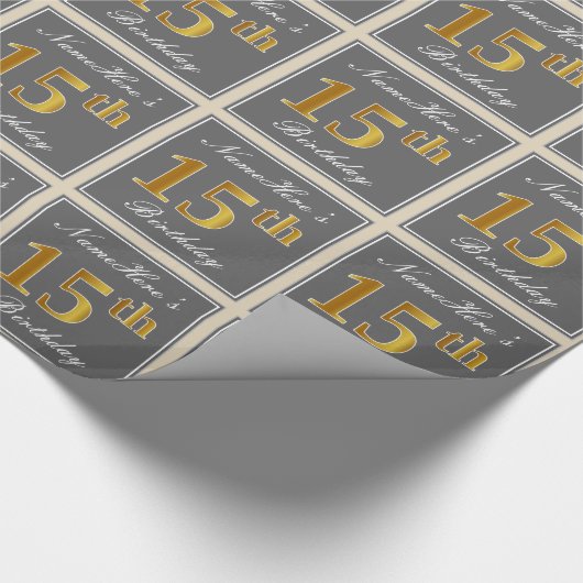 Elegant, grijs, Faux Gold 15th Birthday + naam Cadeaupapier (Hoek)