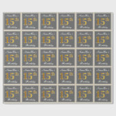 Elegant, grijs, Faux Gold 15th Birthday + naam Cadeaupapier (Vlak)