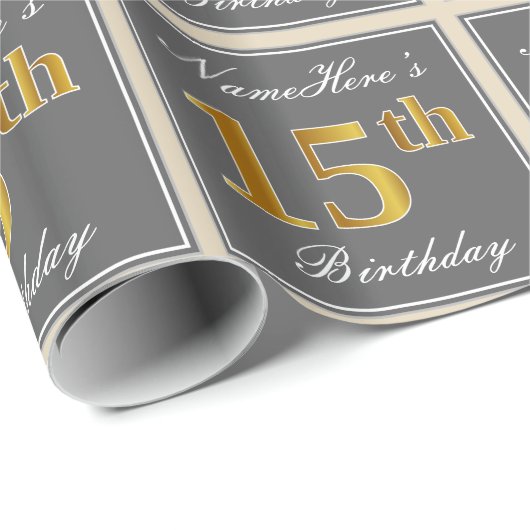 Elegant, grijs, Faux Gold 15th Birthday + naam Cadeaupapier (Rol Hoek)