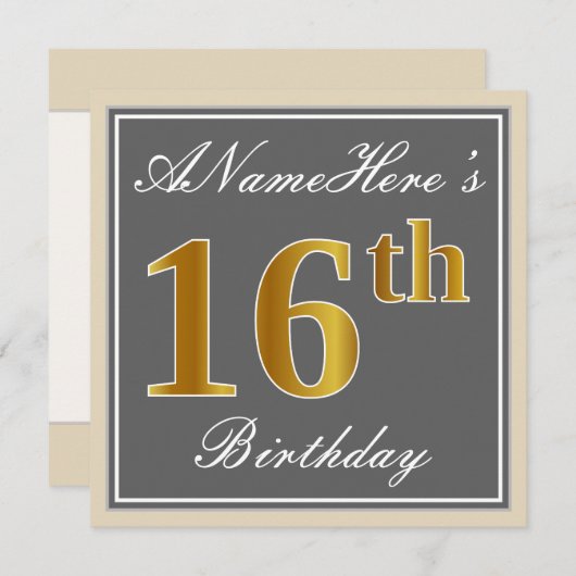 Elegant, grijs, Faux Gold 16e verjaardag + naam Kaart (Voorkant / Achterkant)