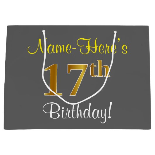 Elegant, grijs, Faux Gold 17th Birthday + naam Large Cadeautasje (Voorkant)