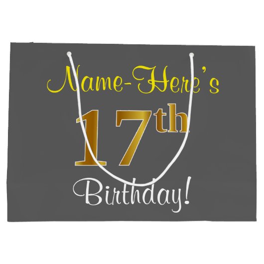 Elegant, grijs, Faux Gold 17th Birthday + naam Large Cadeautasje (Achterkant)