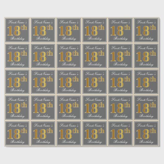 Elegant, grijs, Faux Gold 18th Birthday + naam Cadeaupapier (Vlak)