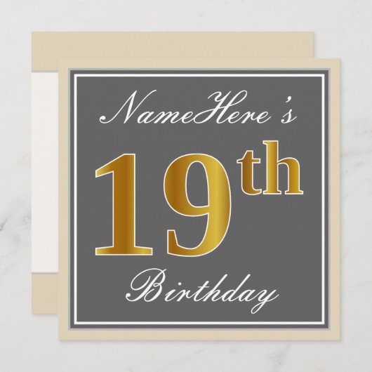 Elegant, grijs, Faux Gold 19th Birthday + naam Kaart (Voorkant / Achterkant)