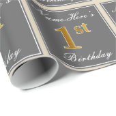 Elegant, grijs, Faux Gold, 1ste verjaardag; aangep Cadeaupapier (Rol Hoek)
