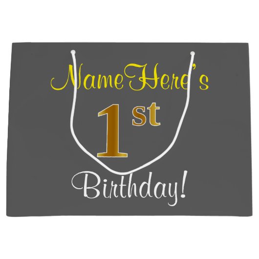 Elegant, grijs, Faux Gold, 1ste verjaardag; aangep Groot Cadeauzakje (Voorkant)