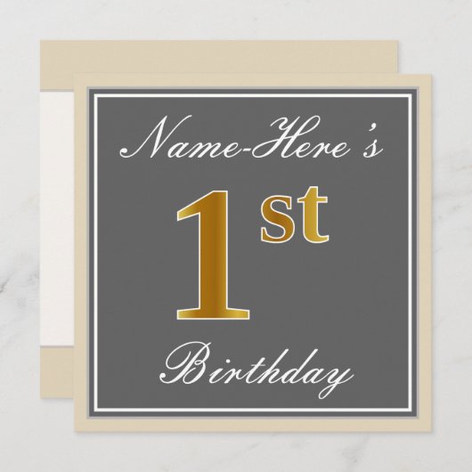 Elegant, grijs, Faux Gold, 1ste verjaardag; aangep Kaart (Voorkant / Achterkant)