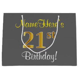 Elegant, grijs, Faux Gold 21st Birthday + naam Groot Cadeauzakje