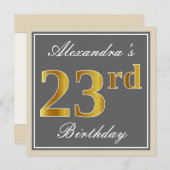 Elegant, grijs, Faux Gold 23rd Birthday + naam Kaart (Voorkant / Achterkant)