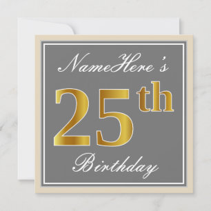 Elegant, grijs, Faux Gold 25th Birthday + naam Kaart