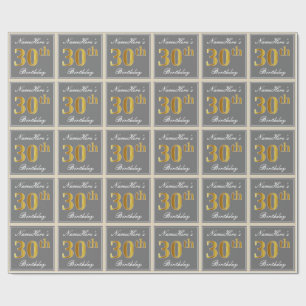 Elegant, grijs, Faux Gold 30th Birthday + naam Cadeaupapier