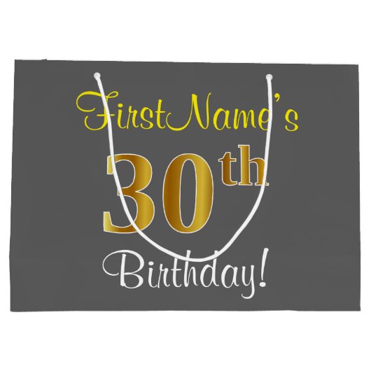 Elegant, grijs, Faux Gold 30th Birthday + naam Groot Cadeauzakje (Achterkant)