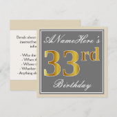 Elegant, grijs, Faux Gold 33rd Birthday + naam Kaart (Voorkant / Achterkant)