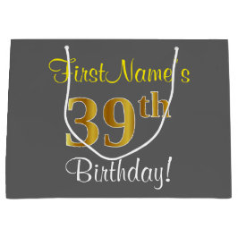Elegant, grijs, Faux Gold 39th Birthday + naam Groot Cadeauzakje