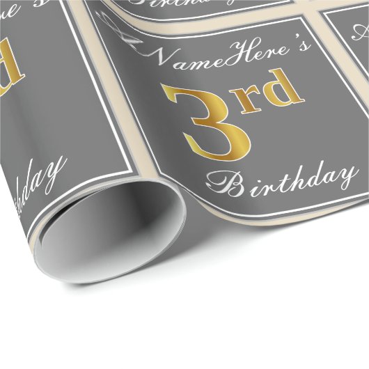 Elegant, grijs, Faux Gold 3rd Birthday; aangepaste Cadeaupapier (Rol Hoek)