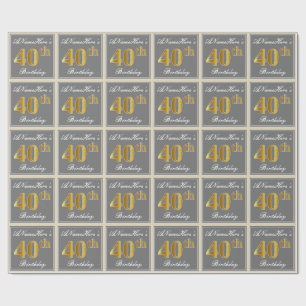 Elegant, grijs, Faux Gold 40th Birthday + naam Cadeaupapier