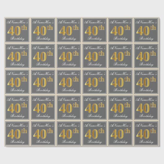 Elegant, grijs, Faux Gold 40th Birthday + naam Cadeaupapier (Vlak)
