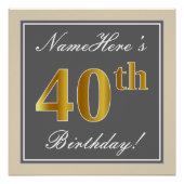 Elegant, grijs, Faux Gold 40th Birthday + naam Perfect Poster (Voorkant)
