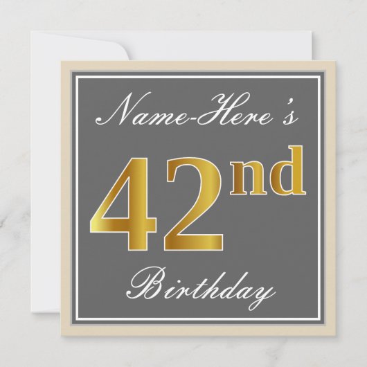 Elegant, grijs, Faux Gold 42e verjaardag + naam Kaart (Voorkant)