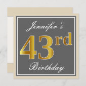 Elegant, grijs, Faux Gold 43rd Birthday + naam Kaart (Voorkant / Achterkant)