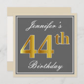Elegant, grijs, Faux Gold 44th Birthday + naam Kaart (Voorkant / Achterkant)