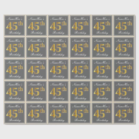 Elegant, grijs, Faux Gold 45th Birthday + naam Cadeaupapier (Vlak)