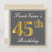 Elegant, grijs, Faux Gold 45th Birthday + naam Kaart (Voorkant / Achterkant)