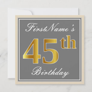 Elegant, grijs, Faux Gold 45th Birthday + naam Kaart
