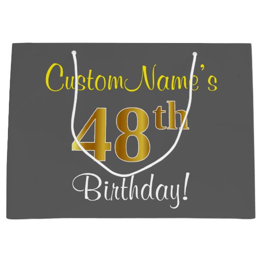 Elegant, grijs, Faux Gold 48th Birthday + naam Groot Cadeauzakje (Voorkant)