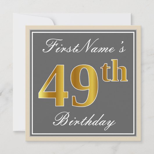 Elegant, grijs, Faux Gold 49th Birthday + naam Kaart (Voorkant)