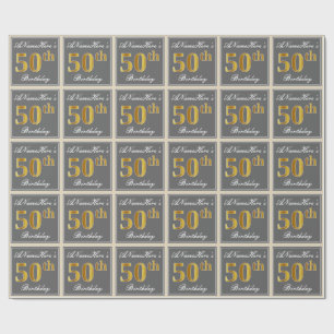 Elegant, grijs, Faux Gold 50th Birthday + naam Cadeaupapier