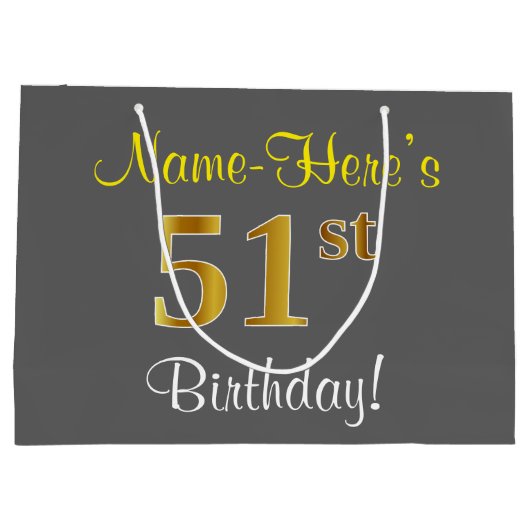 Elegant, grijs, Faux Gold 51st Birthday + naam Groot Cadeauzakje (Achterkant)