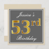 Elegant, grijs, Faux Gold 53rd Birthday + naam Kaart (Voorkant / Achterkant)
