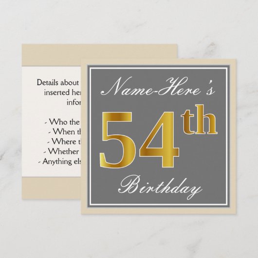 Elegant, grijs, Faux Gold 54th Birthday + naam Kaart (Voorkant / Achterkant)