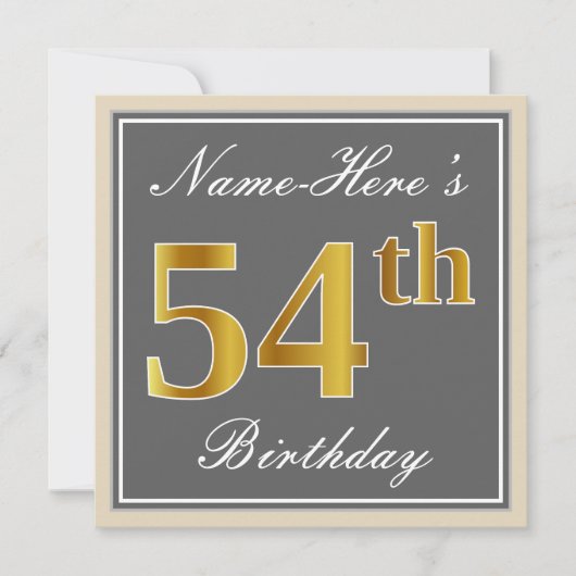 Elegant, grijs, Faux Gold 54th Birthday + naam Kaart (Voorkant)