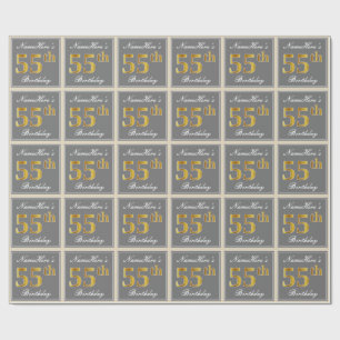 Elegant, grijs, Faux Gold 55th Birthday + naam Cadeaupapier
