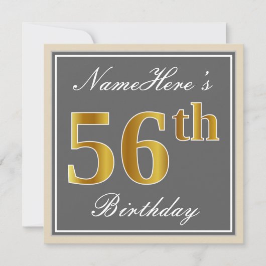 Elegant, grijs, Faux Gold 56th Birthday + naam Kaart (Voorkant)