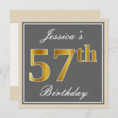 Elegant, grijs, Faux Gold 57th Birthday + naam Kaart (Voorkant / Achterkant)