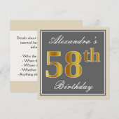 Elegant, grijs, Faux Gold 58th Birthday + naam Kaart (Voorkant / Achterkant)