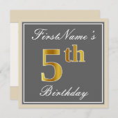 Elegant, grijs, Faux Gold 5th Birthday; aangepaste Kaart (Voorkant / Achterkant)