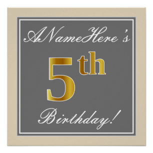 Elegant, grijs, Faux Gold 5th Birthday; aangepaste Perfect Poster